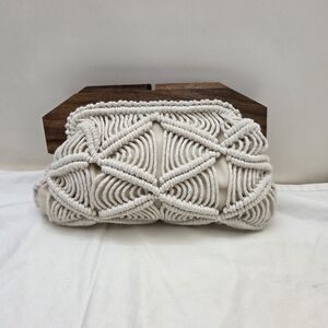 Boho Macramé Woven Clutch Wooden Frame Coastal Summer Handbag